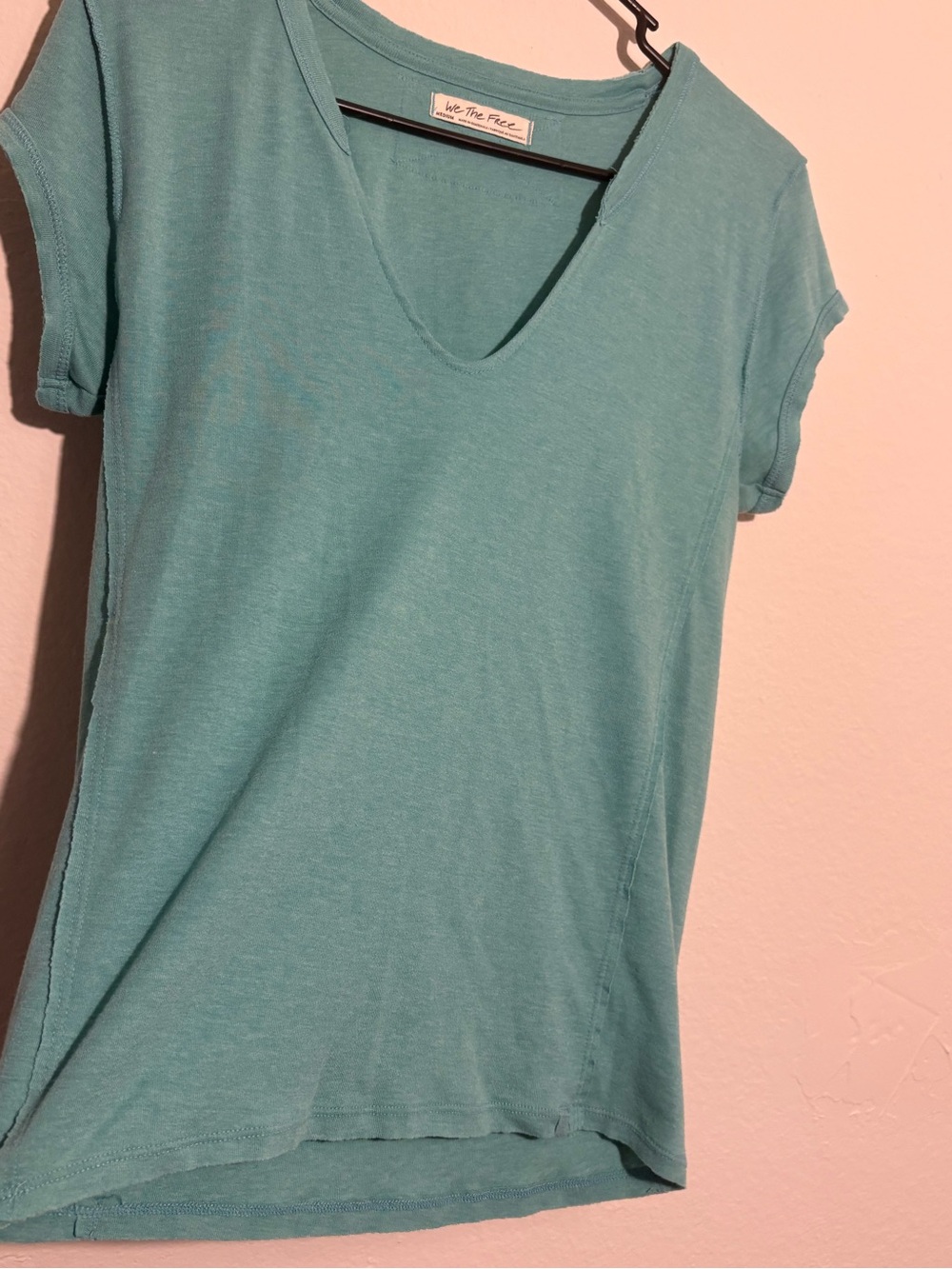 Free People We The Free Teal V Neck Tee Shirt Raw Edge Size M